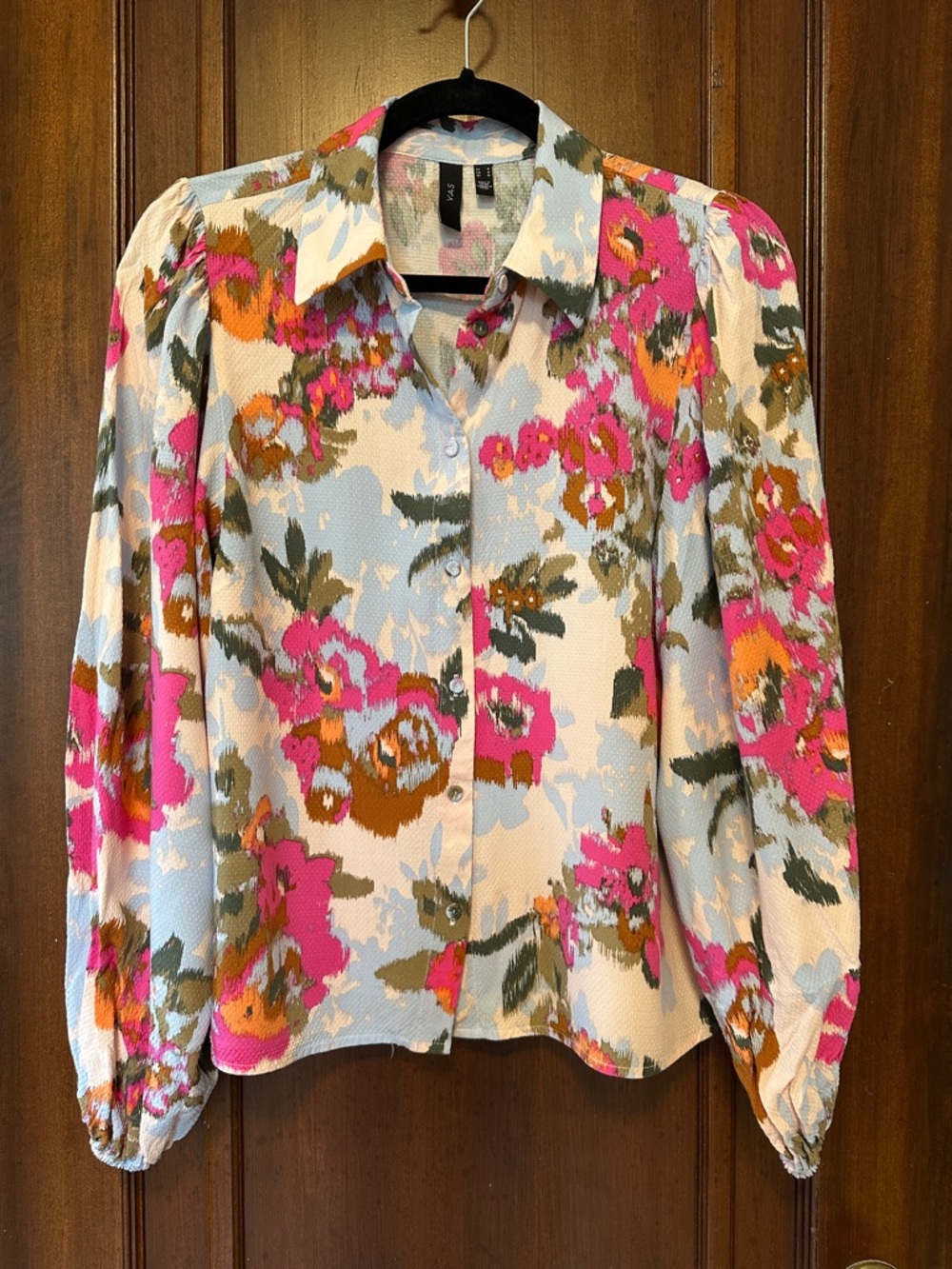 YAS Floral Button-Up Blouse - Pink Blue Cream
